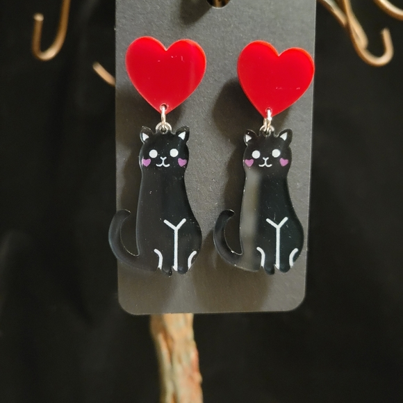 Jewelry - 2/$20 V-Day Resin Black Cat Heart Earrings